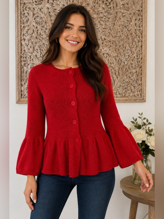 Coldwater Creek Sweaters - Coldwater Creek Red Peplum Button-Front Cardigan, Preppy Classic Academia- sz M